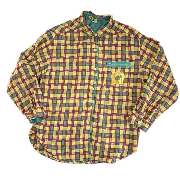 Vintage ESPRIT‎ 90s 80s Yellow Green Red Plaid Button Down / Up Shirt Top Blouse - Picture 1 of 8